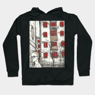 girl with glasses on the background of houses with red windows Hoodie
